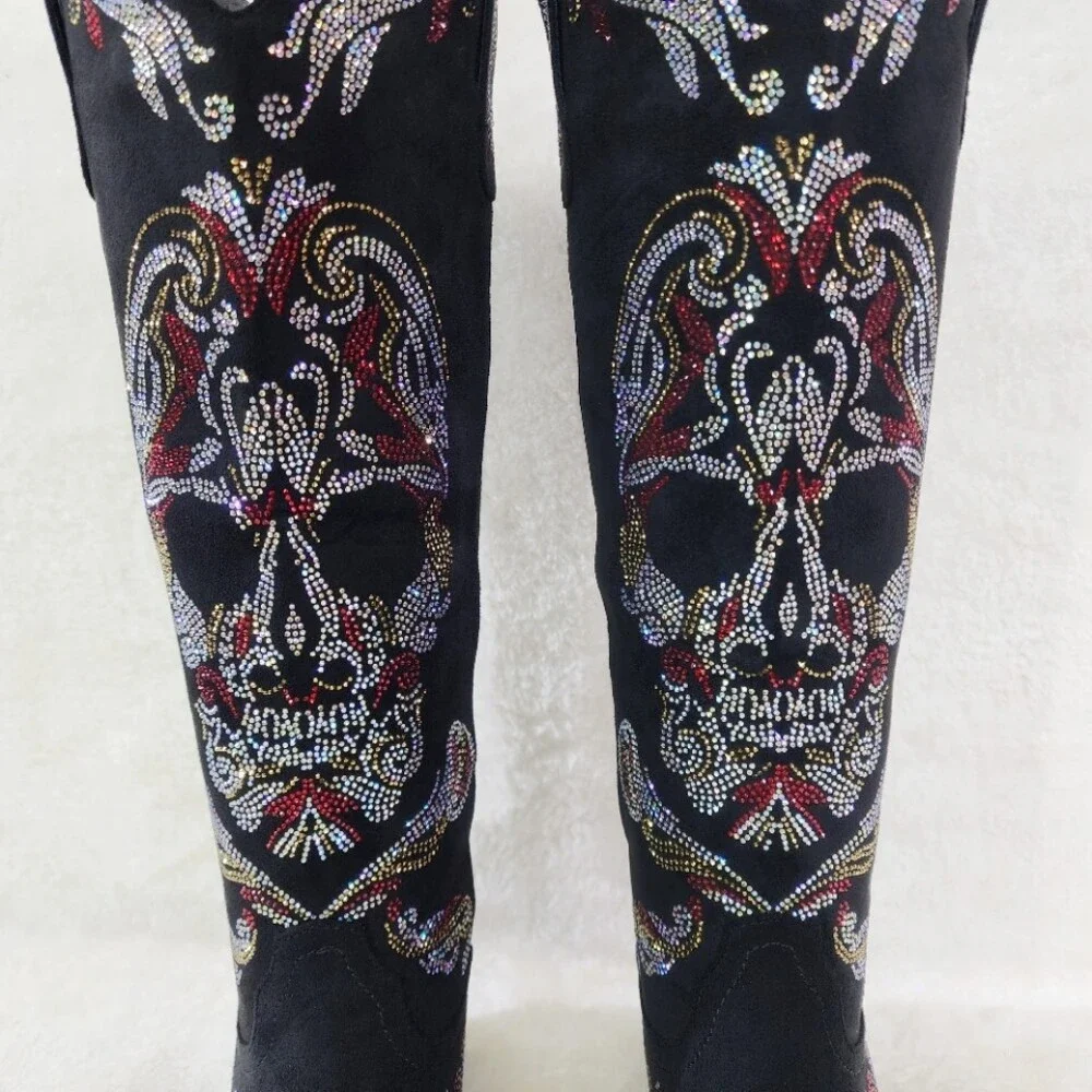 NIB MUERTO Goth Western Cowgirl Boots Sparkling Iridescent Rhinestones Skull - Picture 16 of 16